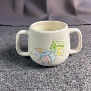 Vintage Ceramic Child's Double Handle Sippy Cup‎ Blocks Butterfly